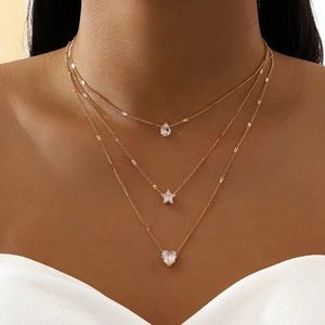 Star, Love, Water Pentacle layered diamond Necklace